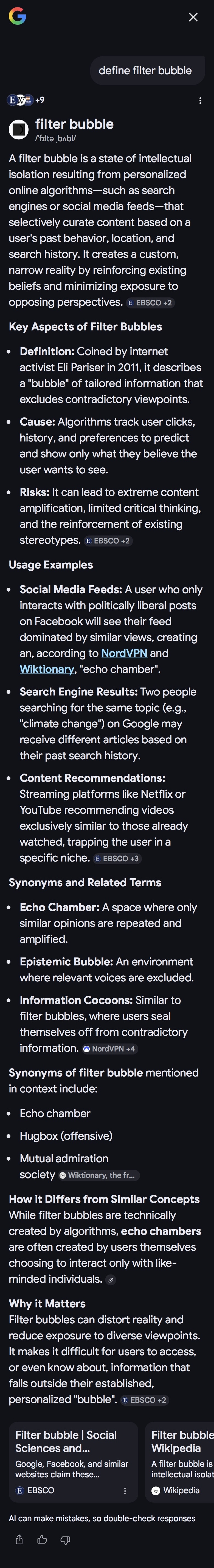 Google AI Mode result for 'define filter bubble', showing definition sourced from EBSCO, Wikipedia, and NordVPN